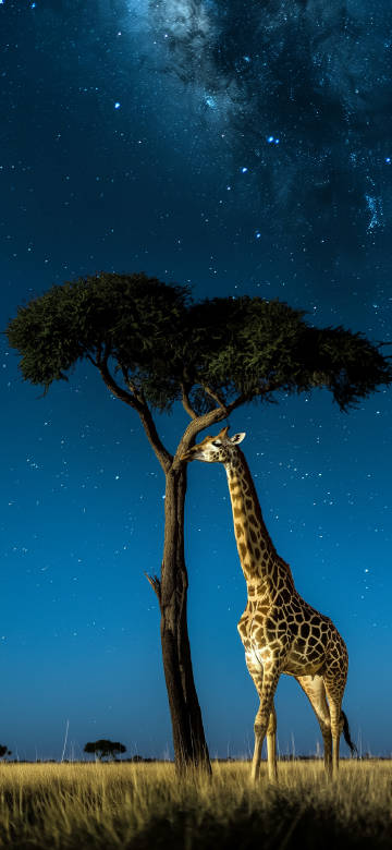 Majestic Giraffe Grazing Beneath the Starry Sky 4K Phone Wallpaper