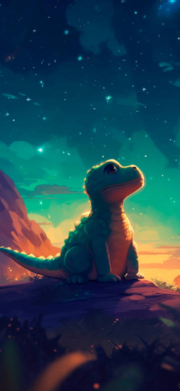Cute Dinosaur Under a Starry Sky 4K Wallpaper