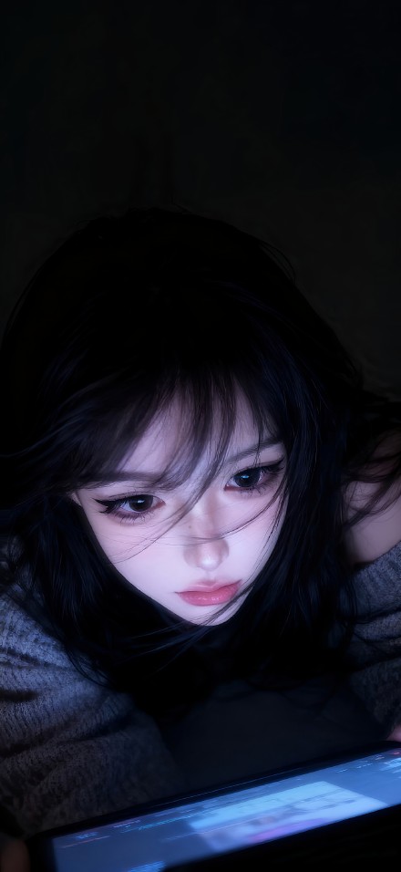 Girl Looking At Tablet Screen In The Dark 4K Wallpaper