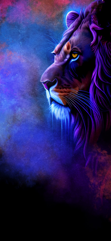 Dark Purple Lion Face on Blue Background 4K Phone Wallpaper