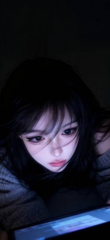Girl Looking At Tablet Screen In The Dark 4K Wallpaper