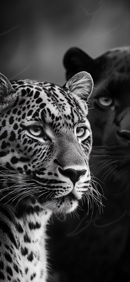 Monochrome Spotted Leopard and Black Panther Portrait 4K Wallpaper