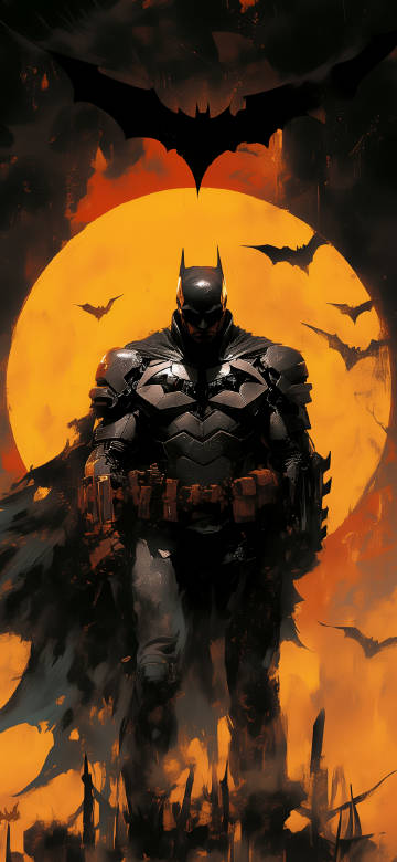 The Batman Dark Knight Standing Before Orange Moon 4K