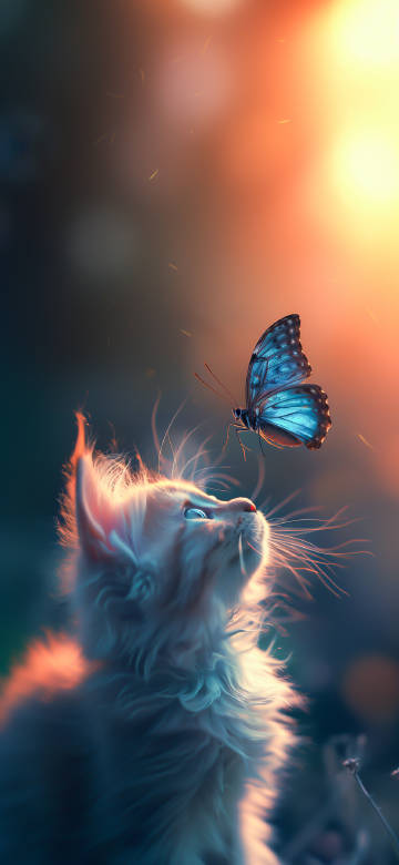 Cute White Kitten Looking At Blue Butterfly 4K Wallpaper