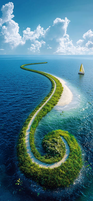 Breathtaking Aerial View of Spiral Island and Sailboat 4K Wallpaper
