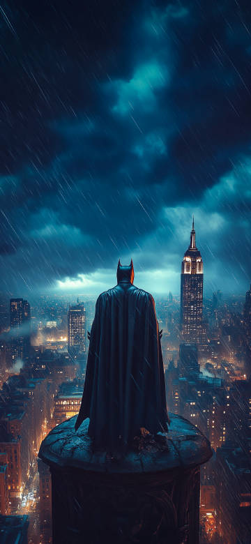 Batman Standing Over City at Night in the Rain Wallpaper 4K