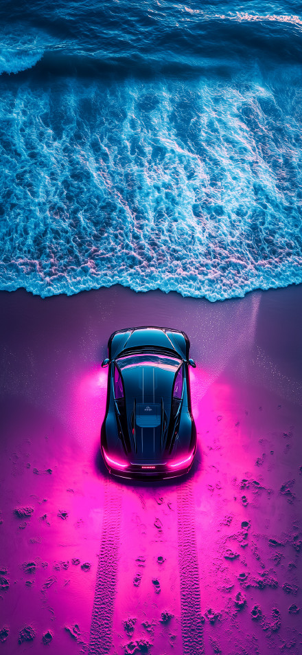 Futuristic Black Car with Pink Lights on the Beach Wallpaper 4K