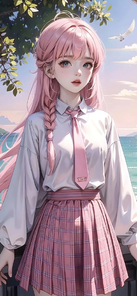 Pink-Haired Girl in Plaid Skirt 4K Phone Wallpaper