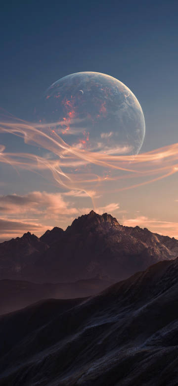 Giant Planet Rising Over Dark Mountains 4K Wallpaper