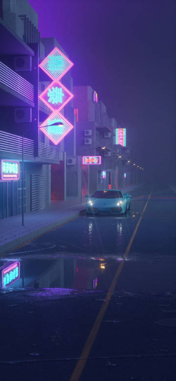 Lamborghini in Neon Street at Night 4K Phone Wallpaper