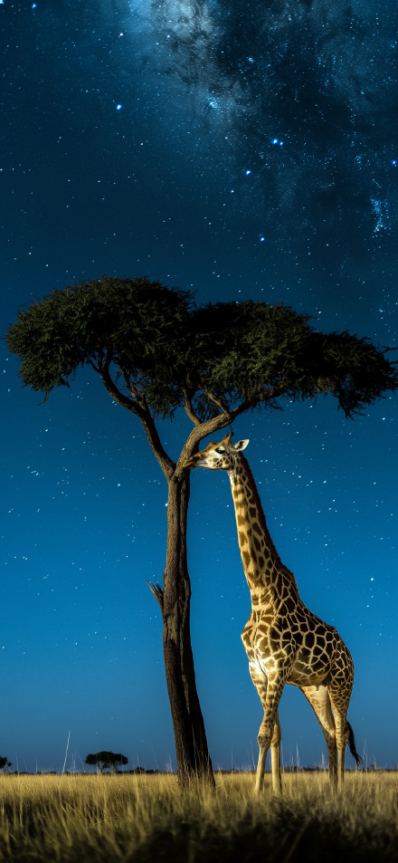Majestic Giraffe Grazing Beneath the Starry Sky 4K Phone Wallpaper