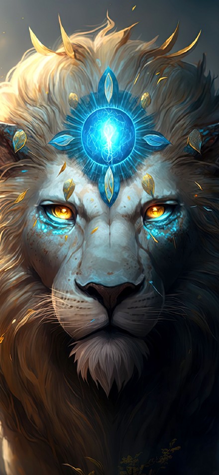 Mysterious blue-eyed white lion fantasy illustration Phone Wallpaper