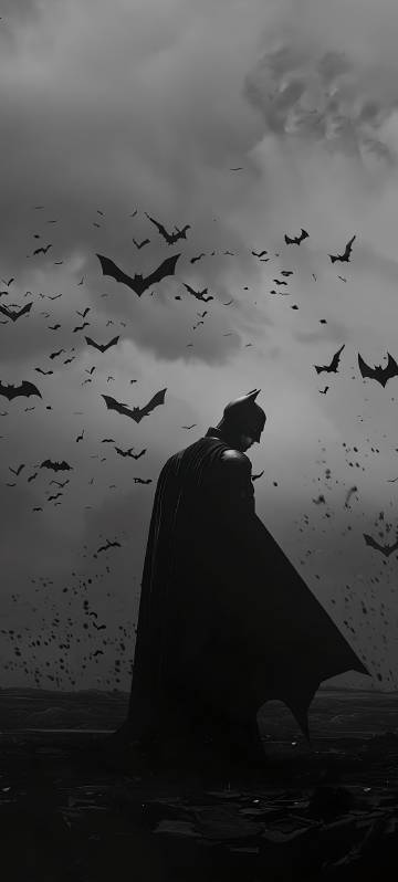 Dark Knight Standing in Bat Storm 4K Phone Wallpaper