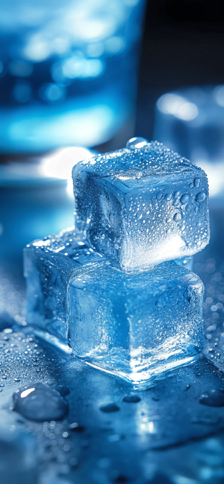 Pure ice cube with water droplets on the surface
