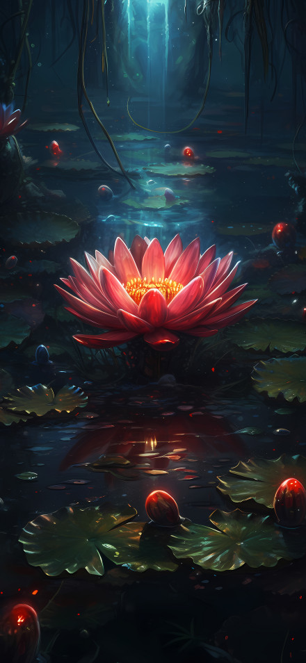 Glowing Pink Water Lily In Dark Magic Forest 4K