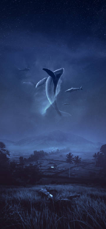 Fantasy whale swimming under the starry sky