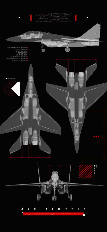Different perspectives of fighter jet design drawings