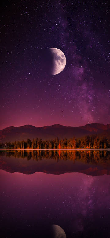 Moonlight over the Lake under the Purple Night Sky