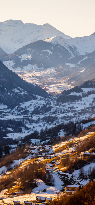 Winter Mountain Village in the Sunlight