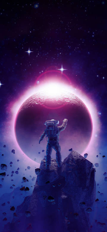 Astronaut in front of purple planet
