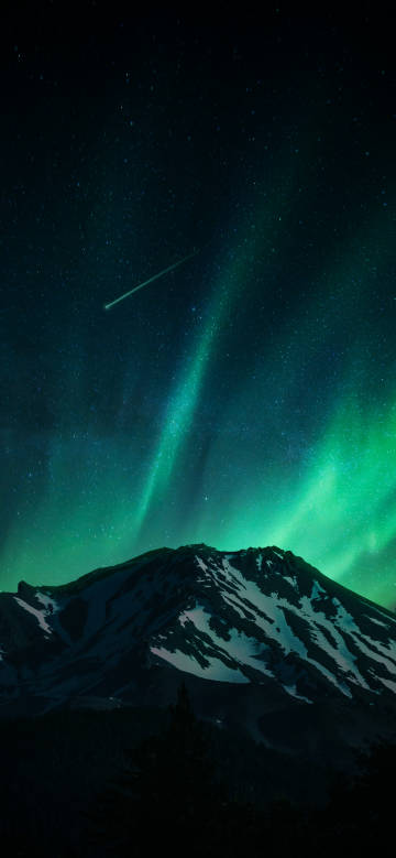 Meteor and Snowy Mountain under the Northern Lights