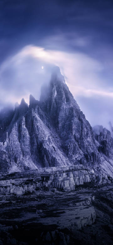 Magnificent Mountains with Mist Obscuring the Moon