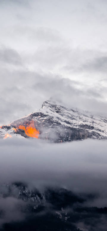 The trees under the snowy mountains are on fire