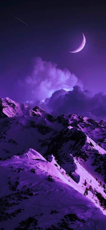 Snowy Mountain and Meteor under the Purple Sky