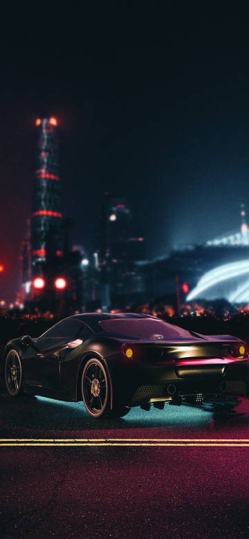 Black supercars in the urban night