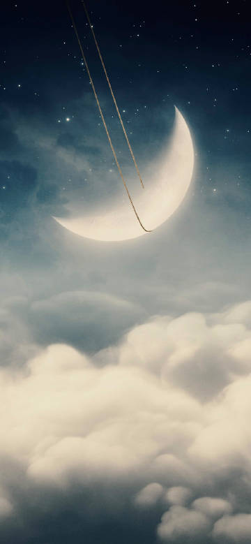 A crescent moon pulled upward by a rope