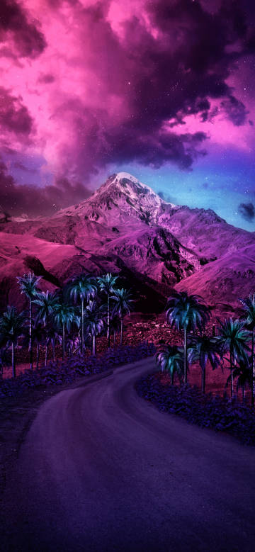 Palm Trees and Snowy Peak under the Purple Sky phone wallpaper