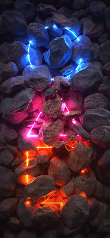 Colorful Neon Lights among Piled Stones