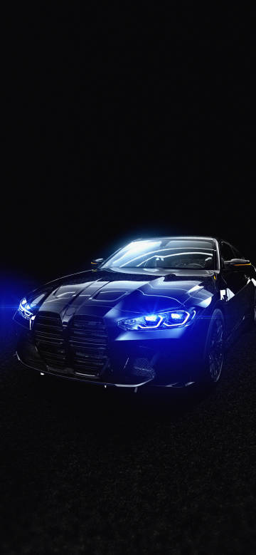 Blue glowing sedan against a black background