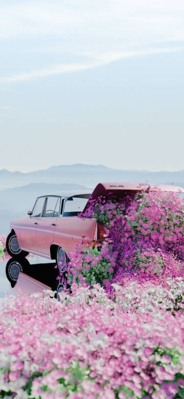 Dreamy flower waterfall and vintage car