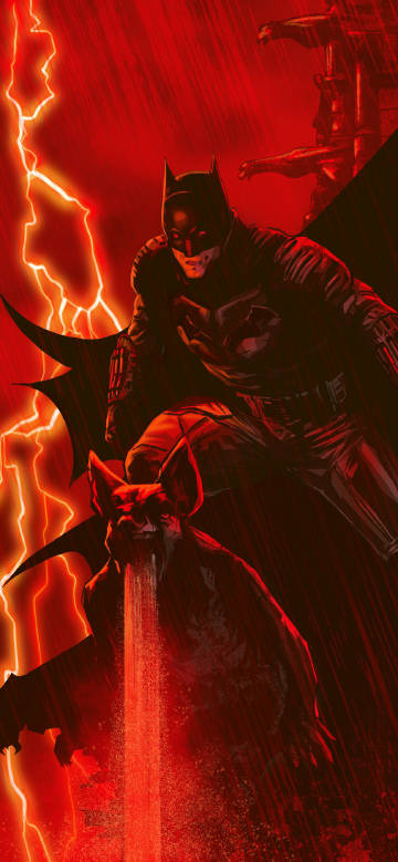 Batman on the offensive amidst red thunder and rain