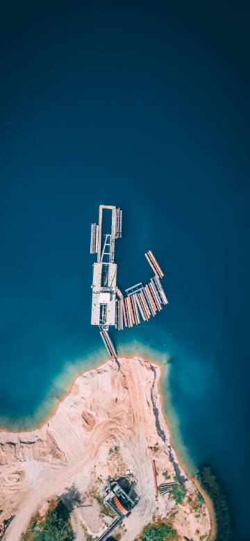 Overlooking view of ocean and shore facilities