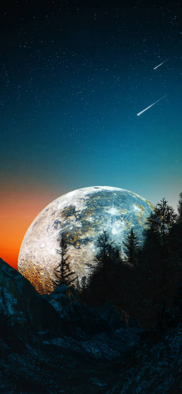 Wonder of moon and stars in the mountain forest at night