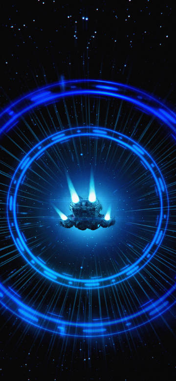 Spaceship flying with blue halo
