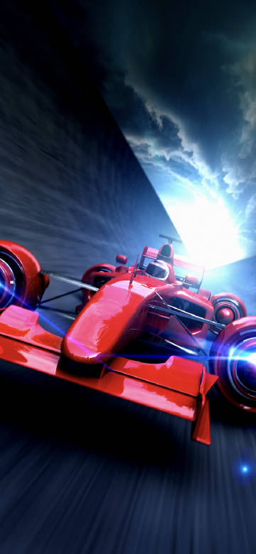 Speeding red racing car