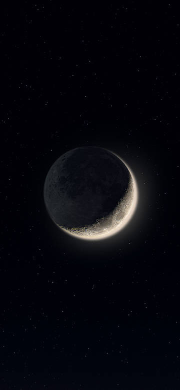 Curved moon in vast starry sky