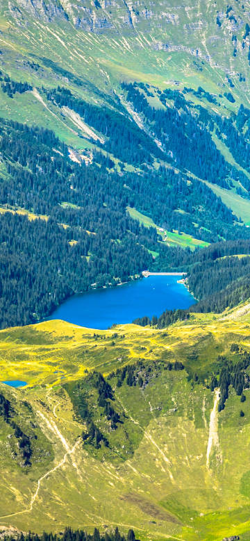 Blue lake among mountains and forests