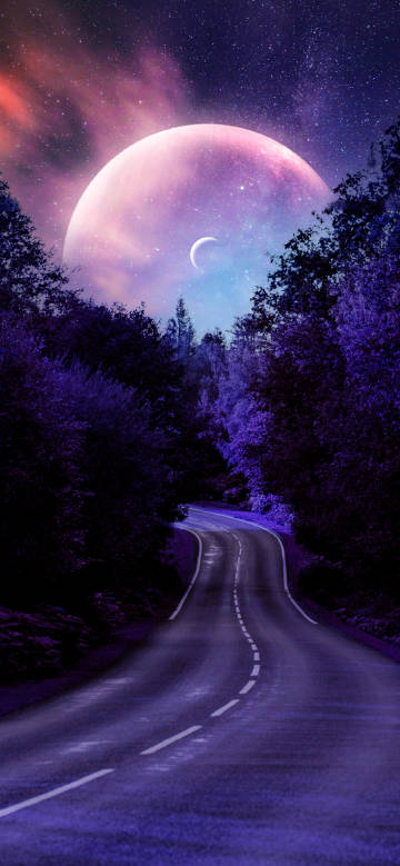 Dreamy pink and purple starry sky highway
