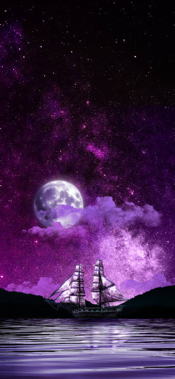 Sailboat under a dreamy purple starry sky