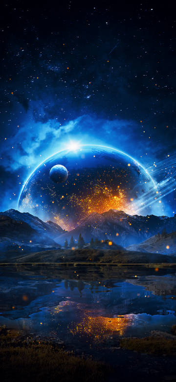 Huge planet hovering above the mountains