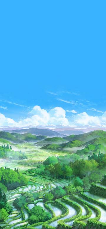 Anime style verdant green terraced landscape
