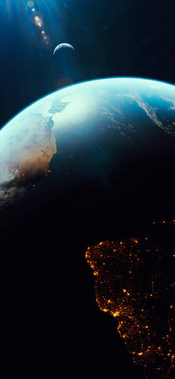 Earth and the sun and moon from a space perspective
