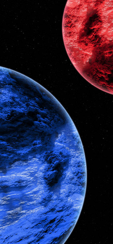 Amazing scene of red and blue planets in the universe