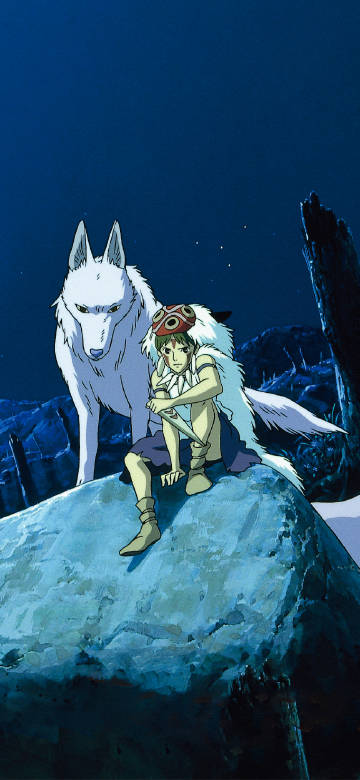 Wolf and boy's vigil night in "Princess Mononoke"