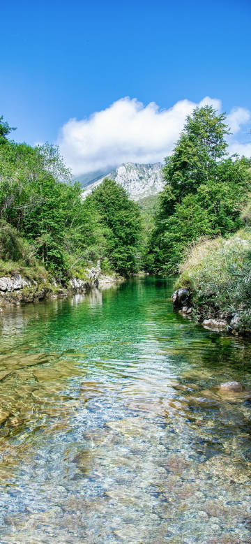 Serene stream amidst green mountains and waters