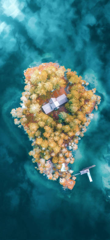 Aerial view of the island surrounded by the lake